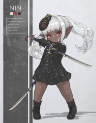 1girl black_footwear black_jacket black_shirt black_skirt boots closed_mouth cross-laced_footwear dagger dark-skinned_female dark_skin dot_mouth dual_wielding earrings english_text final_fantasy final_fantasy_xiv flat_chest full_body high_heel_boots high_heels highres holding holding_dagger holding_knife holding_weapon jacket jewelry knife lalafell long_bangs long_hair mask mask_on_head multiple_views ninja_(final_fantasy) pointy_ears puluie red_eyes shirt simple_background skirt warrior_of_light_(ff14) weapon white_hair