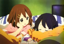 Rule 34 | 2girls, absurdres, black hair, brown eyes, brown hair, closed eyes, hair ornament, hairclip, highres, hirasawa yui, k-on!, k-on! movie, multiple girls, nakano azusa, nyantype, official art, scan, short hair, sleeping, union jack, yamada naoko