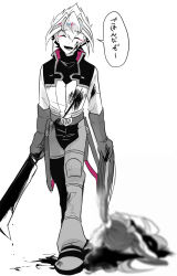 1boy 1girl akaba_rei black_shirt bleeding blood blood_drip blood_drop blood_on_clothes blood_on_face blood_on_ground blood_on_hands bloody_weapon cargo_pants censored closed_eyes dragging dress elbow_gloves face_down facing_viewer gloves grabbing_another&#039;s_hair grey_footwear grey_gloves grey_pants grin happy highres holding_another&#039;s_hair holding_machete injury jacket long_hair looking_at_viewer lying military_uniform monochrome mosaic_censoring murder on_ground on_side open_mouth pants parted_bangs partially_colored popped_collar shirt smile speech_bubble spiked_hair teketeke_(tasutekete) twintails weapon white_background white_dress white_hair white_jacket yandere yu-gi-oh! yu-gi-oh!_arc-v zarc