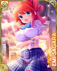 1girl :d bag blue_bow blue_eyes blue_skirt bow card_(medium) character_name day girlfriend_(kari) hair_behind_ear hair_ribbon looking_at_viewer navel official_art open_mouth orange_hair outdoors park plaid_clothes plaid_skirt qp:flapper rainbow red_bow ribbon sagara_emi school_uniform shirt shoes sitting skirt smile sunset tagme thighhighs two_side_up wet wet_clothes white_shirt wringing_clothes