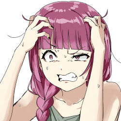 1girl angry bare_shoulders black_nails braid braided_ponytail clenched_teeth collarbone dress green_dress hair_over_shoulder headache hiroi_kikuri open_mouth purple_eyes purple_hair raised_eyebrow sharp_teeth sweat teeth torako_(toramaru)