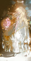 1girl absurdres angel angel_wings bare_arms bare_shoulders blonde_hair blue_background chinese_commentary commentary_request dress feathered_wings floral_background flower from_behind full_body gradient_background grey_shoes hair_over_eyes halo highres holding holding_instrument holding_trumpet instrument long_dress long_hair original pink_flower pink_rose rose shoes sleeveless sleeveless_dress solo trumpet vihua6 white_dress white_halo white_wings wings