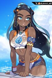 1girl artist_name bare_shoulders bikini black_bikini black_hair blannis blue_bikini blue_eyes blue_eyeshadow blue_hair blue_sky breasts collarbone cowboy_shot dark-skinned_female dark_skin day earrings eyelashes eyeshadow female_focus fingerless_gloves fingernails gloves jewelry leaning_forward lips long_fingernails long_hair looking_afar makeup medium_breasts midriff multicolored_bikini multicolored_hair navel nessa_(pokemon) nintendo orange_bikini outdoors parted_lips pokemon pokemon_swsh pool single_glove sky solo sports_bikini sun swimsuit teeth two-tone_hair very_dark_skin water wet wet_clothes white_bikini white_gloves