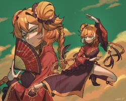 1girl black_dress black_shoes braid chinese_clothes double_bun dress family_hierarch_candidate_(identity)_(project_moon) freckles full_body green_background green_eyes hair_bun hand_fan highres holding holding_fan ion_(io_nite) ishmael_(project_moon) limbus_company long_hair looking_at_viewer multicolored_hair multiple_views orange_hair project_moon red_shrug rope_belt shoes sky solo standing streaked_hair twin_braids upper_body very_long_hair white_hair