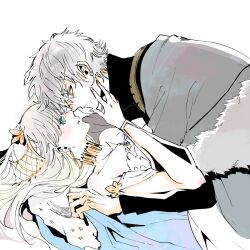 Rule 34 | 1boy, 1girl, anastasia (fate), bare shoulders, blue dress, boy on top, choker, cloak, clutching clothes, collarbone, dress, fate/grand order, fate (series), fur-trimmed cloak, fur trim, green eyes, grey cloak, hand on another&#039;s cheek, hand on another&#039;s face, high collar, kadoc zemlupus, long hair, looking at another, lying, nobicco, short hair, simple background, star (symbol), white background, white hair, yellow eyes