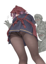 1girl 2boys apron ass black_panties blue_dress blush brown_pantyhose commentary_request dress earrings employee_uniform faceless faceless_male feet_out_of_frame flying_sweatdrops from_below hamedoragon headscarf hina_(hamedoragon) jewelry kneepits multiple_boys original panties panties_under_pantyhose pantyhose pantyshot purple_hair red_apron simple_background stud_earrings underwear white_background