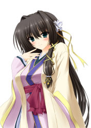 black_hair blue_eyes blush hair_ornament hair_ribbon japanese_clothes original ribbon smile solo suien