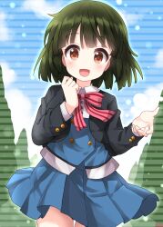 Rule 34 | 1girl, :d, black jacket, blue skirt, blush, bow, bowtie, collared shirt, commentary request, cowboy shot, green hair, hand up, highres, jacket, kin-iro mosaic, long sleeves, looking at viewer, oomiya shinobu, open clothes, open jacket, open mouth, pleated skirt, red bow, red bowtie, red eyes, ruu (tksymkw), shirt, short hair, skirt, smile, solo, striped bow, striped bowtie, striped clothes, white shirt
