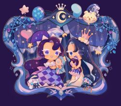 Rule 34 | 2girls, :d, absurdly long hair, artist name, back bow, balloon, bare arms, bare shoulders, black hair, blue dress, blue eyes, blue hat, border, bow, buttons, character balloon, character doll, checkered clothes, checkered dress, checkered hat, cookie run, cookie run: kingdom, covered mouth, crescent, crescent hat ornament, crown, curtained hair, curtains, doll, dress, eyes visible through hair, frilled dress, frills, full body, hair over one eye, hat, hat ornament, hat tip, heart balloon, holding, holding doll, jester cap, kanaizu yh, leaf, liquid hair, long dress, long hair, looking at viewer, milky way cookie, moonlight cookie, multiple girls, off-shoulder dress, off shoulder, official alternate hair color, open mouth, pink bow, plant, purple border, purple hair, sea fairy cookie, sea fairy cookie (rippling moonlight), shadow milk cookie, smile, sparkle, standing, star (symbol), star coral cookie, star hat ornament, star print, very long hair, vines, wavy hair, yellow bear jelly, yellow dress