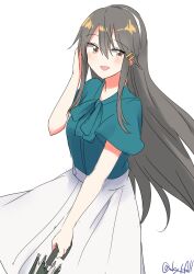 1girl absurdres black_hair brown_eyes cowboy_shot green_shirt hair_ornament hairband hairclip haruna_(kancolle) haruna_(rainy_season)_(kancolle) highres kantai_collection long_hair looking_at_viewer official_alternate_costume one-hour_drawing_challenge robinson_(day_l_full) shirt simple_background skirt solo striped_umbrella twitter_username two-tone_umbrella umbrella white_background white_hairband white_skirt