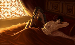 1boy 1girl abs absurdres arm_up artcraawl avatar:_the_last_airbender avatar_legends bed_sheet black_hair blue_eyes brown_hair closed_eyes dark-skinned_female dark_skin highres implied_sex jewelry katara long_hair looking_at_another necklace nickelodeon on_bed scar scar_across_eye scar_on_face short_hair sitting sleeping topless_female topless_male zuko