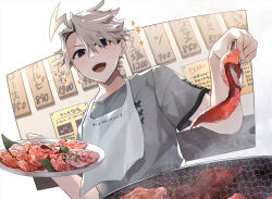 1boy :d ahoge animal_print apron black_eyes border butterfly_print cooking curtained_hair fate/grand_order fate_(series) food grey_hair grey_shirt grill grilling hair_between_eyes highres holding holding_plate holding_tongs james_moriarty_(ruler)_(fate) lightning_ahoge looking_at_viewer male_focus meat open_mouth outside_border plate price_list print_shirt raw_meat restaurant shirt short_hair short_sleeves smile smoke solo sparkle t-shirt teeth tia_(cocorosso) tongs upper_body upper_teeth_only white_apron white_border yakiniku