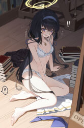 ! !! !? 1girl absurdres barefoot black_hair blue_archive blue_bow blurry blurry_background book book_stack bookshelf bow bow_bra bra breasts brown_halo commentary_request full_body glasses hairband halo highres indoors looking_at_viewer low_twintails navel on_floor open_mouth panties purple_eyes purple_hairband sikimosh sitting skirt small_breasts solo spoken_interrobang stairs toes too_many too_many_books translation_request twintails ui_(blue_archive) underwear unworn_clothes unworn_skirt white_bra white_panties white_skirt wooden_floor yellow-framed_eyewear yokozuwari