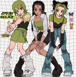 3girls alternate_costume animal_print black_boots black_hair black_skirt boots brown_hair bug butterfly butterfly_print clothing_cutout copyright_name cup dark-skinned_female dark_skin denim detached_sleeves double_bun dreadlocks drinking_glass drinking_straw english_text ermes_costello facial_mark finger_gun foo_fighters_(jojo) fu_r_y green_eyes green_hair green_tube_top grid_background hair_bun hands_on_own_knees highres insect jacket jeans jojo_no_kimyou_na_bouken knees_together_feet_apart kuujou_jolyne long_hair midriff multicolored_hair multiple_girls outline own_hands_together pants shoes short_hair shorts skirt sneakers stone_ocean strap strapless torn_clothes torn_pants tube_top two-tone_hair unmoving_pattern white_boots white_jacket white_outline white_shoes
