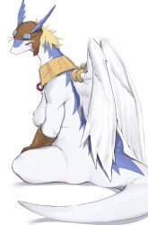 1girl aviator_cap aviator_goggles blonde_hair blue_eyes blue_fur body_fur breasts brown_gloves dragon_girl feathered_wings furry furry_female genderswap genderswap_(mtf) gloves highres hufy jewelry large_breasts legendz looking_to_the_side neck_ring piercing shiron_(legendz) simple_background sitting solo tail white_background white_fur white_wings wing_piercing wings