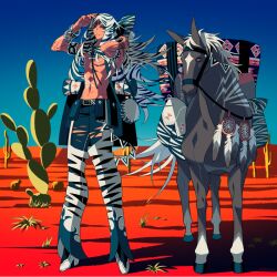 1boy animal arms_up blue_eyes blue_hair blue_sky cactus canyon chaps commentary_request day denim desert dreamcatcher edarow full_body horse jeans long_hair looking_at_viewer male_focus native_american original outdoors pants sky solo standing striped_hair topless_male torn_clothes torn_jeans torn_pants very_long_hair white_hair