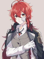 1boy aged_down antenna_hair bandage_on_face bandages black_jacket brown_background brown_vest buttons commentary_request diluc_(genshin_impact) genshin_impact gloves highres jacket long_hair long_sleeves looking_at_viewer male_focus mizuamememe open_clothes open_jacket ponytail red_eyes red_hair shirt sidelocks simple_background solo unsure upper_body vest vision_(genshin_impact) white_gloves white_shirt