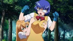 00s 2girls animated anime_screenshot blue_hair breasts eyepatch grabbing_another&#039;s_breast green_eyes groping highres ikkitousen ikkitousen_great_guardians large_breasts long_hair moaning mole mole_under_mouth multiple_girls orange_hair ryomou_shimei sonsaku_hakufu tagme video