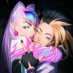 2girls akali black_eyes black_hair blonde_hair evelynn_(league_of_legends) k/da_(league_of_legends) k/da_all_out_akali k/da_all_out_evelynn lan_dinh_thi_dieu league_of_legends long_hair multicolored_hair multiple_girls ponytail two-tone_hair white_hair yuri