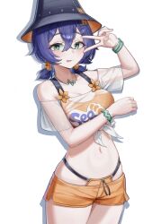 Rule 34 | 1girl, :p, absurdres, belle (zenless zone zero), black hat, black shorts, blue hair, bracelet, breasts, bucket hat, collarbone, commentary, cowboy shot, crossed bangs, english commentary, green eyes, hair between eyes, hair ornament, hat, highres, jewelry, kyogree, letter hair ornament, making-of available, medium breasts, micro shorts, midriff, navel, official alternate costume, orange shorts, see-through clothes, see-through shirt, shadow, shirt, short hair, short sleeves, short twintails, shorts, simple background, solo, tied shirt, tongue, tongue out, twintails, v, v over eye, white background, white shirt, zenless zone zero