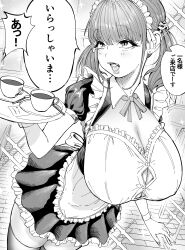 1girl apron breasts cleavage coffee cup earrings frills greyscale hair_ornament highres holding huge_breasts jewelry maid maid_apron maid_headdress monochrome nagisamade open_mouth original ribbon saucer solo teacup thighhighs tray twintails waitress