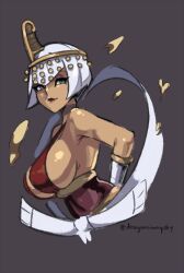 1girl alternate_color blue_eyes breasts circlet d-ryuu dark-skinned_female dark_skin eliza_(skullgirls) grey_background large_breasts red_lips skullgirls smile solo tiara upper_body vambraces white_hair
