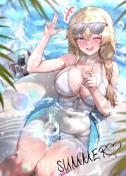 1girl alcohol alternate_costume art_undertaker bare_arms bikini blonde_hair blue_eyes blurry bottle braid breasts cleavage commentary_request cup depth_of_field drinking_glass english_text eyewear_on_head front-tie_bikini_top front-tie_top girls&#039;_frontline girls&#039;_frontline_2:_exilium glass_bottle grey-framed_eyewear hair_between_eyes hand_up highres holding holding_cup korean_commentary large_breasts looking_at_viewer mosin-nagant_(girls&#039;_frontline) mosin-nagant_(girls&#039;_frontline_2) navel on_innertube one_eye_closed open_mouth salute single_braid skindentation smile solo stomach swimsuit teeth two-finger_salute upper_teeth_only vodka water white_bikini white_innertube