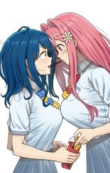 2girls absurdres ahoge blue_bow blue_eyes blue_hair bnw_jie bow box braid braided_bangs breast_pocket breast_press breasts chinese_commentary collared_shirt commentary_request cowboy_shot eye_contact food food_in_mouth grey_skirt hair_ears highres himemiya_karen holding holding_box holding_food holding_pocky large_breasts light_blush long_hair long_sidelocks looking_at_another make_heroine_ga_oo_sugiru! multiple_girls pink_eyes pink_hair pleated_skirt pocket pocky pocky_in_mouth school_uniform shirt short_sleeves sidelocks simple_background skirt standing symmetrical_docking tented_shirt white_background white_shirt wide-eyed wing_collar yanami_anna yellow_bow