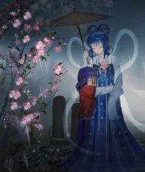 2girls alternate_costume blue_hair blue_hakama blush closed_eyes closed_mouth commentary facepaint flower grass grave hagoromo hair_ribbon hair_rings hakama hanfu height_difference highres holding holding_umbrella hug japanese_clothes kaku_seiga kimono leaf long_sleeves medium_hair miyako_yoshika multiple_girls ofuda outdoors panghulao pink_flower purple_hair purple_skirt qixiong_ruqun rain red_ribbon red_shirt ribbon shawl shirt skeleton skirt sleeves_past_fingers sleeves_past_wrists smile touhou umbrella white_kimono