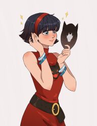 1girl black_hair blue_eyes blush dragon_ball dragon_ball_super dress happy highres mirror red_dress red_lips short_hair smile solo sparkle videl