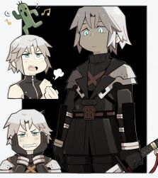 1boy aged_down angry animal animal_on_head arm_armor armor belt black_background black_coat black_gloves black_pants black_sweater blue_eyes brown_belt chest_strap clenched_teeth coat commentary cropped_torso english_commentary expressionless final_fantasy final_fantasy_vii final_fantasy_vii_ever_crisis gloves glowing glowing_eyes grey_hair hands_on_own_cheeks hands_on_own_face heavywoodenbox highres holding holding_sword holding_weapon katana long_sleeves looking_down looking_up multiple_views musical_note on_head open_mouth own_hands_together pants pauldrons sabotender sephiroth sephiroth_(edged_wings) sephiroth_(ever_crisis) short_hair shoulder_armor sleeveless sleeveless_turtleneck slit_pupils spoken_musical_note standing sweater sword teeth turtleneck turtleneck_sweater weapon