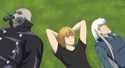 2boys bad_id bad_pixiv_id blonde_hair blue_eyes brown_eyes clothed_robot dino glasses gola_mosca grass highres katekyo_hitman_reborn! long_hair long_sleeves male_focus multiple_boys robot shirt short_hair silver_hair smile superbi_squalo