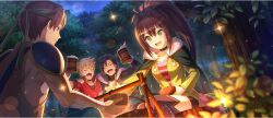 Rule 34 | 1girl, 3boys, arm around shoulder, arm up, armor, bandaged arm, bandages, beer mug, black choker, black hair, black shorts, black thighhighs, blonde hair, blue jacket, bowl, breasts, brown eyes, brown hair, campfire, cape, choker, closed eyes, collarbone, cup, dinner, dust (konosuba), fire light, food, forest, fur-trimmed cape, fur trim, game cg, green cape, green eyes, green headband, green jacket, hair belt, hair between eyes, headband, high ponytail, highres, holding, holding bowl, holding cup, jacket, keith (konosuba), kono subarashii sekai ni shukufuku wo!, konosuba! fantastic days, lean (konosuba), long hair, mug, multiple boys, nature, night, official art, open mouth, outdoors, partially unzipped, pink shirt, ponytail, raccoon tail, red jacket, shirt, short hair, short shorts, shorts, shoulder armor, sidelocks, sitting, sleeves rolled up, small breasts, smile, striped clothes, striped shirt, t-shirt, tail, taylor (konosuba), thighhighs, tree, zettai ryouiki