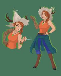1girl animeagan antlers belt_pouch blue_pants bracelet breasts brown_eyes brown_hair earrings freckles green_background hand_on_own_hip hat highres holding holding_smoking_pipe hooves horns jewelry lipstick makeup medium_hair multiple_rings multiple_views necklace one_eye_closed orange_shirt pants pointy_ears potionomics pouch ring saffron_(potionomics) shirt small_breasts smile smoking_pipe solo standing wooden_arm