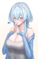 1girl absurdres alternate_costume bare_shoulders blue_cardigan blue_hair blue_nails blush breasts cardigan cleavage closed_mouth collarbone colored_eyelashes commentary commonalty fingernails grey_shirt hair_between_eyes hairband heart highres jewelry large_breasts long_hair looking_at_viewer nail_polish off_shoulder purple_eyes ring shirt shorekeeper_(wuthering_waves) simple_background solo steepled_fingers upper_body white_background white_hairband wuthering_waves