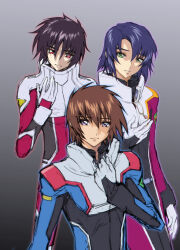 3boys athrun_zala black_hair blue_hair brown_hair closed_mouth cow gradient_background green_eyes grey_background gundam gundam_seed gundam_seed_destiny hair_between_eyes hand_on_own_chest highres kira_yamato male_focus mecha_pilot_suit multiple_boys ogasawara_tomy parted_bangs parted_lips purple_eyes red_eyes shinn_asuka short_hair sketch upper_body