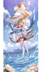 1girl absurdres black_bow blue_shoes bow breasts brown_hair closed_eyes closed_mouth cloud dress falling_petals flower footwear_bow garter_straps gloves hair_bow highres hololive large_breasts long_hair maison_de_cante multicolored_hair petals pink_flower pink_petals pointy_ears reflection reflective_water shiranui_flare shiranui_flare_(1st_costume) shoes sky smile solo streaked_hair tan thighhighs virtual_youtuber white_bow white_dress white_garter_straps white_gloves white_hair white_thighhighs wide_sleeves yellow_flower yellow_petals