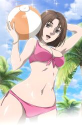 absurdres armpits ball beachball belly bikini bob_cut bra breasts brown_eyes brown_hair cleavage highres initial_d jewelry large_breasts looking_at_viewer medium_breasts midriff mogi_natsuki navel official_art open_mouth panties pink_bikini pink_bra pink_panties shin_gekijouban_initial_d short_hair sky smile sparkle stomach swimsuit tagme thick_thighs thighs tree underwear