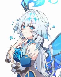 1girl blue_dress blue_eyes blue_hair breasts cerydra_(honkai:_star_rail) closed_mouth commentary_request crown dress from_side hair_intakes highres honkai:_star_rail honkai_(series) korean_commentary long_hair looking_at_viewer medium_breasts mini_crown sasa234 simple_background solo upper_body white_background wings