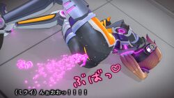 1girl 3d agent_mirai anal android ass blender_(medium) bodysuit brown_hair from_behind highres impossible_bodysuit impossible_clothes long_hair lying mirai_(agent_mirai) object_insertion on_side personality_excrement ponytail pussy pussy_juice robot solo umaaji_lady_mk2