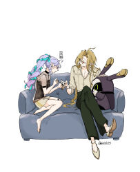 1boy 1girl applying_manicure bangboo_(zenless_zone_zero) black_nails black_pants blonde_hair brown_shirt brown_shorts collared_shirt couch drill_hair drill_ponytail full_body green_ribbon hair_ribbon heterochromia highres hugo_vlad looking_at_another mole mole_under_eye on_couch open_clothes open_shirt pants pointy_ears purple_hair red_eyes ribbon shirt shorts sitting smile vivian_banshee white_background zenless_zone_zero zizizizzy