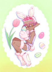 1boy animal_ears bare_shoulders blush dark-skinned_male dark_skin easter easter_egg egg eyebrows flower food full_body hairband highres holding holding_egg holding_food inkling inkling_boy inkling_player_character looking_at_viewer male_focus nintendo orange_eyes over-rim_eyewear pink-framed_eyewear pink_hair rabbit_ears rabbit_paws rabbit_tail semi-rimless_eyewear senpai_(souzaipan) short_shorts shorts smile solo souzaipan spiked_hair splatoon_(series) tail tulip