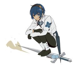 1boy androgynous black_footwear black_gloves black_pants blue_eyes blue_hair closed_mouth full_body gloves grid_print hair_between_eyes hairband heterochromia highres hugging_own_legs igusaharu jacket male_focus metal_hairband metaphor:_refantazio pants print_jacket protagonist_(metaphor:_refantazio) shirt short_hair smile solo squatting standing_on_weapon turtleneck twitter_username white_background white_shirt yellow_eyes