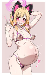 1girl animal_ear_headphones animal_ears bar_censor big_belly blonde_hair blue_archive bow breasts cat_ear_headphones cat_ears censored collarbone commentary fake_animal_ears hair_bow halo headphones large_areolae mitsuame_miiro momoi_(blue_archive) navel nipples nude pink_bow pink_eyes pink_halo pink_nails pregnant pussy small_breasts solo sweat w
