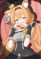 1girl absurdres animal_ear_fluff animal_ears black_dress black_hairband black_hat blue_archive blue_eyes blush commentary dress edgar00 flower fox_ears hairband hat hat_flower heart heart_hands highres idol long_hair looking_at_viewer mari_(blue_archive) mari_(idol)_(blue_archive) orange_hair solo top_hat upper_body