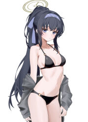 1girl bags_under_eyes bikini black_bikini black_hair blue_archive breasts brown_halo cardigan commentary cowboy_shot grey_cardigan hairband halo highres long_hair looking_at_viewer o-ring o-ring_bikini official_alternate_costume ponytail purple_hairband ritaiya simple_background small_breasts solo swimsuit ui_(blue_archive) ui_(swimsuit)_(blue_archive) white_background