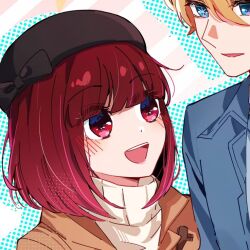 1boy 1girl arima_kana beret blue_eyes eye_contact eye_focus fanart_of_fanfic hat hoshino_aquamarine looking_at_another oshi_no_ko red_eyes red_hair short_hair source_request sourcewanted