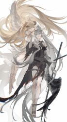 2girls absurdly_long_hair arknights black_dress blonde_hair chunbuchou cloak dress grey_hair hair_spread_out highres horns horns_through_headwear long_hair multiple_girls nightingale_(arknights) nightingale_(iakhu_of_flows)_(arknights) pointy_ears ponytail shining_(arknights) simple_background sword torn_clothes very_long_hair weapon white_background white_dress white_hair wings