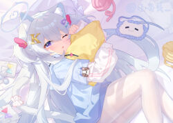 1girl ;o absurdres akovo animal_ear_fluff animal_ears blue_jacket cat_ears cat_girl cat_tail colored_inner_animal_ears commentary_request hair_between_eyes hair_ornament hairclip halo highres holding holding_pillow hood hood_down hooded_jacket jacket layered_sleeves letter_hair_ornament long_hair long_sleeves looking_at_viewer lying mask on_side one_eye_closed open_mouth original pantyhose pillow purple_eyes short-sleeved_jacket short_over_long_sleeves short_sleeves sleep_mask sleepy sleeves_past_wrists solo tail tail_ornament tearing_up thighband_pantyhose two_side_up unworn_mask very_long_hair white_hair white_halo white_pantyhose wing_hair_ornament yarn yarn_ball