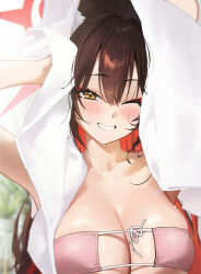 1girl absurdres animal_ear_fluff animal_ears bikini blue_archive blurry blurry_background blush breasts cleavage collarbone daehoak eyepatch_bikini fox_ears fox_girl hair_between_eyes halo highres holding holding_towel large_breasts long_hair looking_at_viewer one_eye_closed pink_bikini red_halo smile solo swimsuit towel towel_on_head wakamo_(blue_archive) wet yellow_eyes
